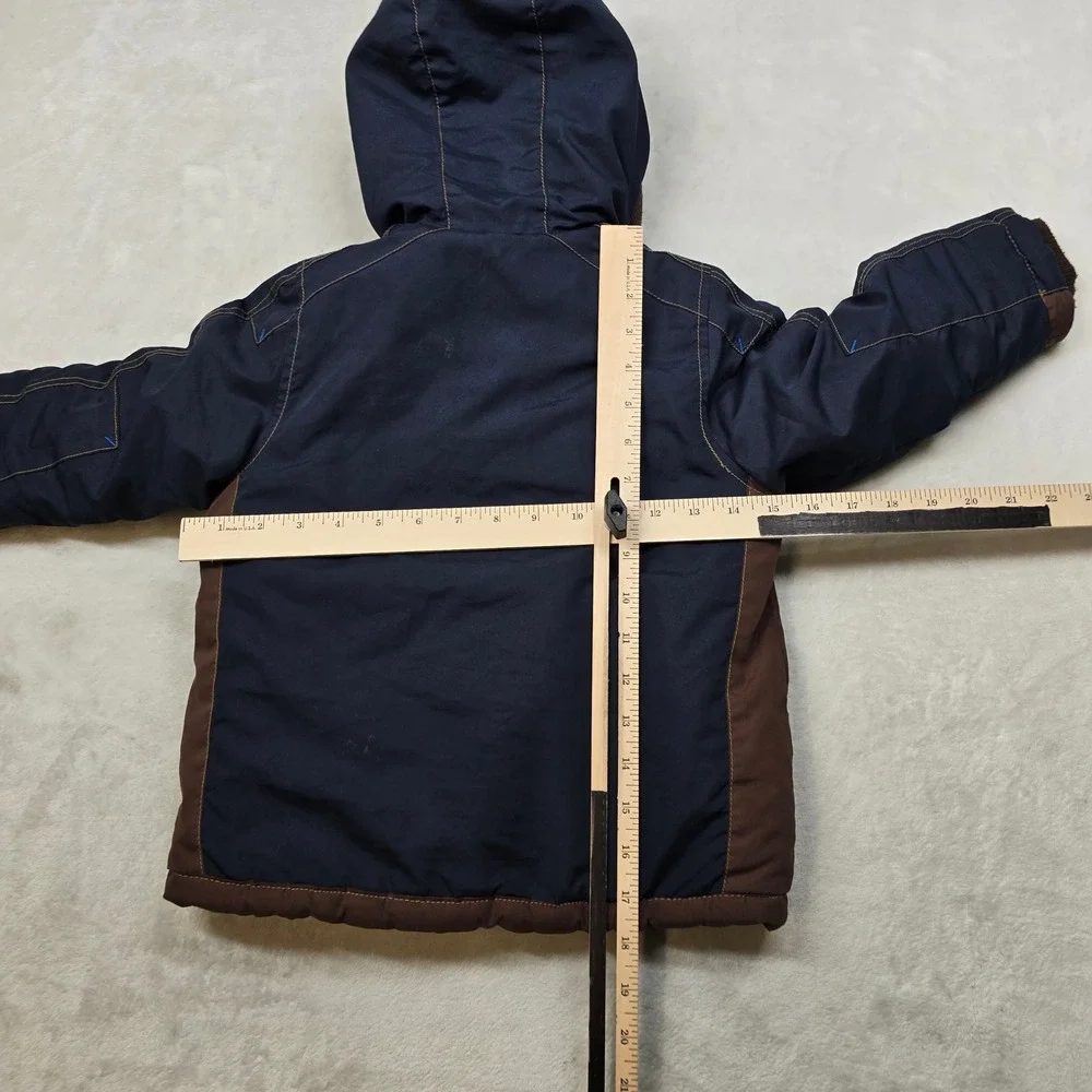 OshKosh B'gosh‎ Sherpa Lined Hooded Winter Jacket Boys Size 4 Navy Blue Patches
